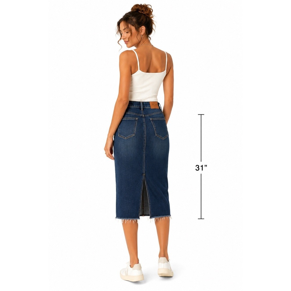 Judy Blue High Rise Denim Midi Skirt 1XL Raw Hem Stretch Slit In Back Y2K Casual